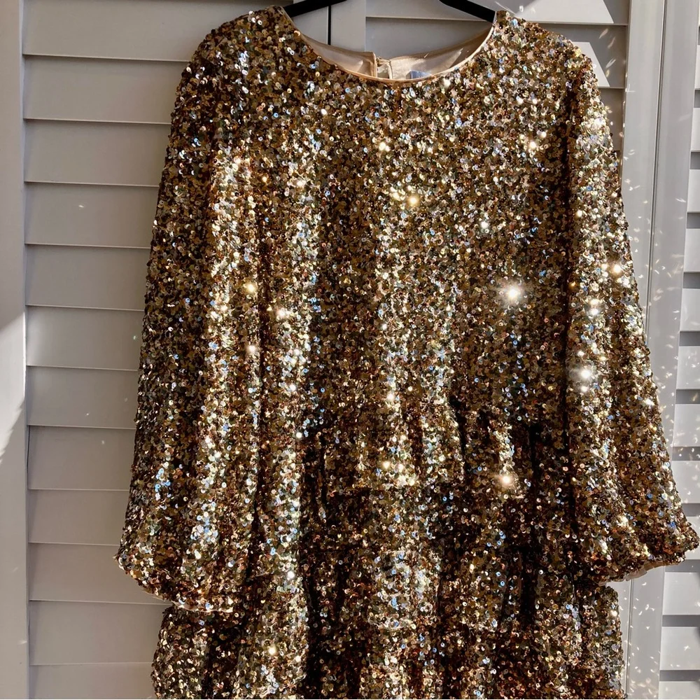 Antonio Melani Gold Sequin Ruffle Mini Dress Size 14 NWT